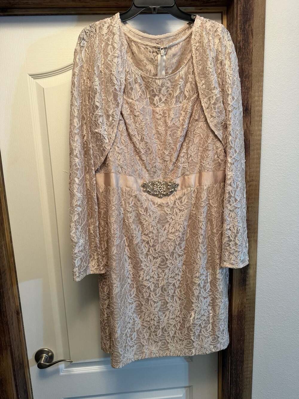 Alex Evenings 2-Piece Lace Jacket Dress with Beaded Waist, Champagne
